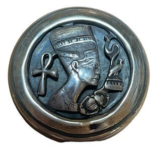 Vtg Sterling Silver Egyptian Pill Box Nefertiti Beetle Ankh Bird Snake Cutout